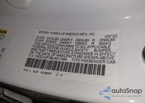 2020 Honda Accord Sport 2.0T z USA, uszkodzony, nr VIN 1HGCV2F38LA017494